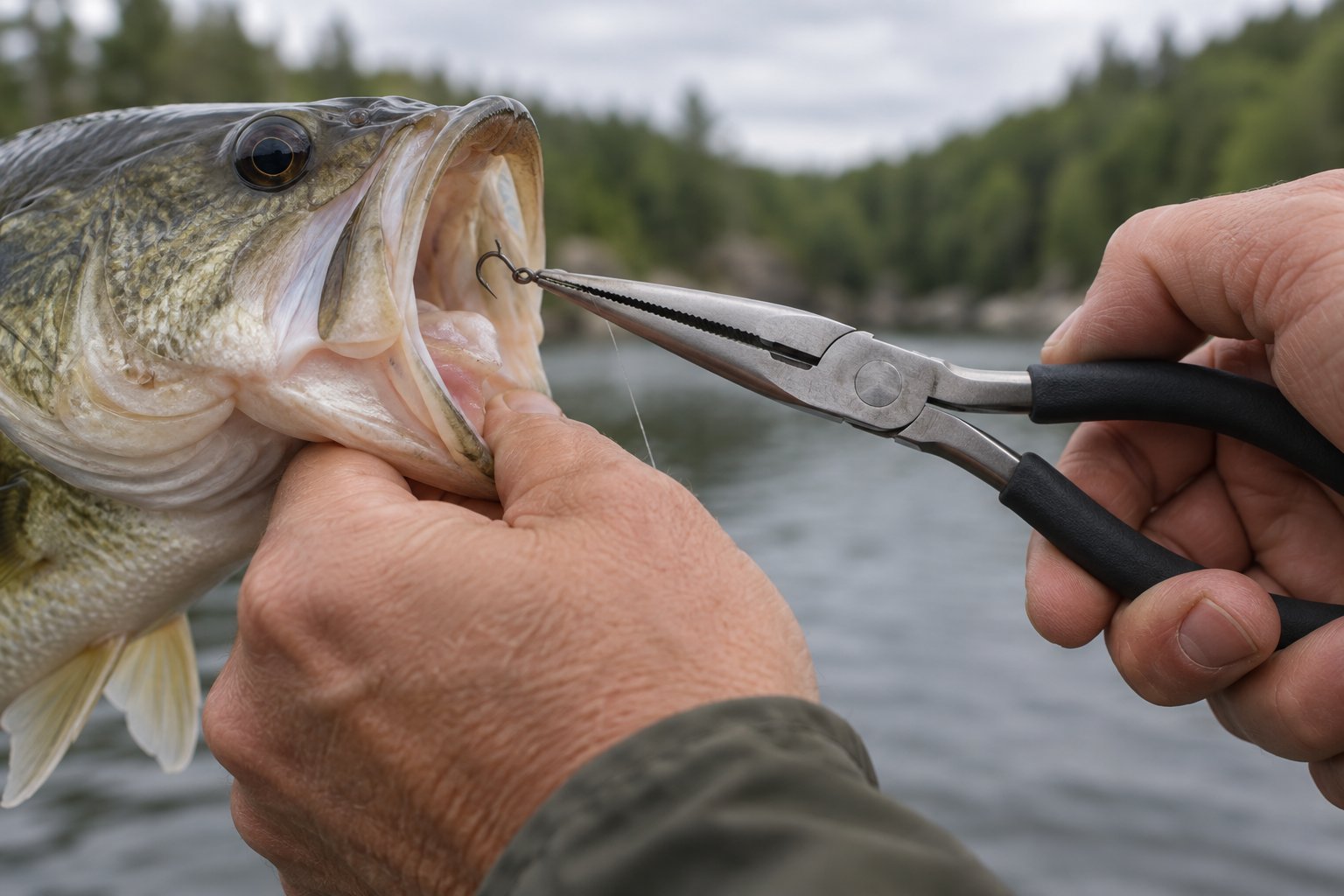 Close-up of needle-nose pliers gripping a hook near the bend inside a fish's open mouth
