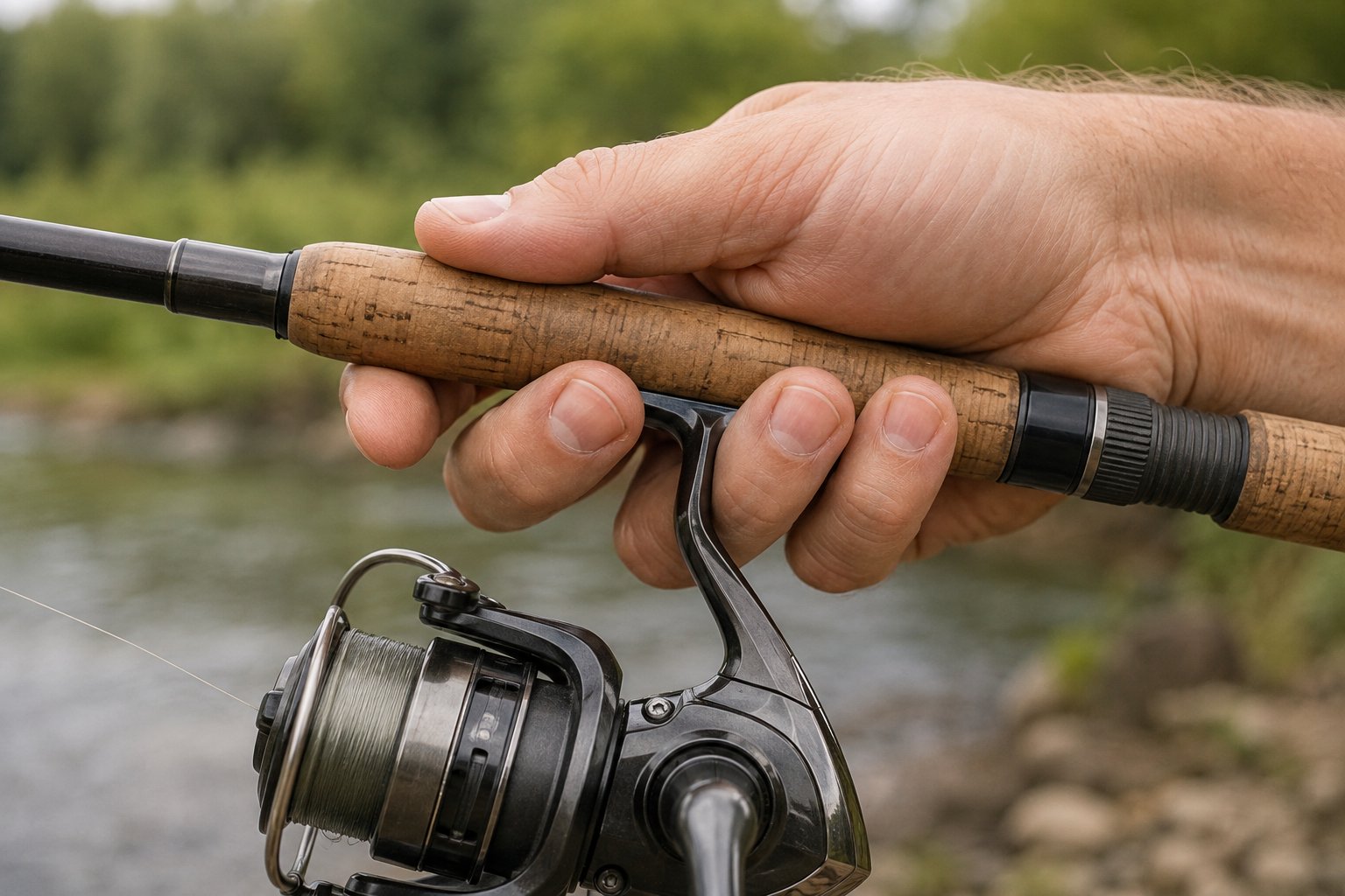 Hand gripping a spinning rod handle with the reel stem between the middle fingers and thumb on top
