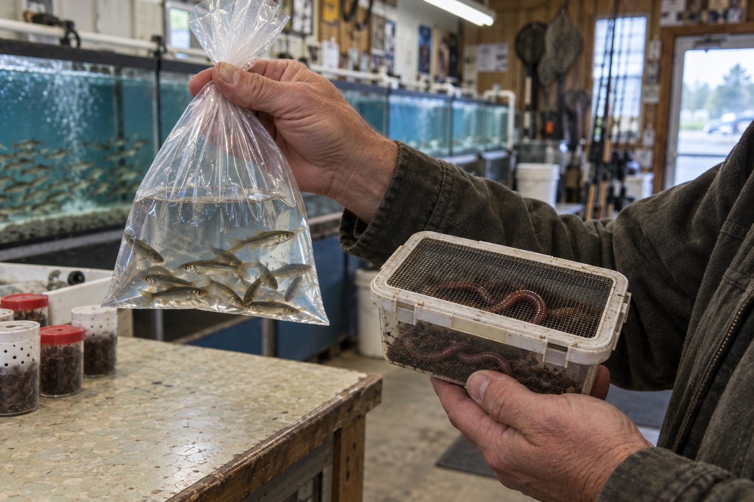 Customer at a bait shop counter holding a plastic bag of live minnows and a ventilated worm box