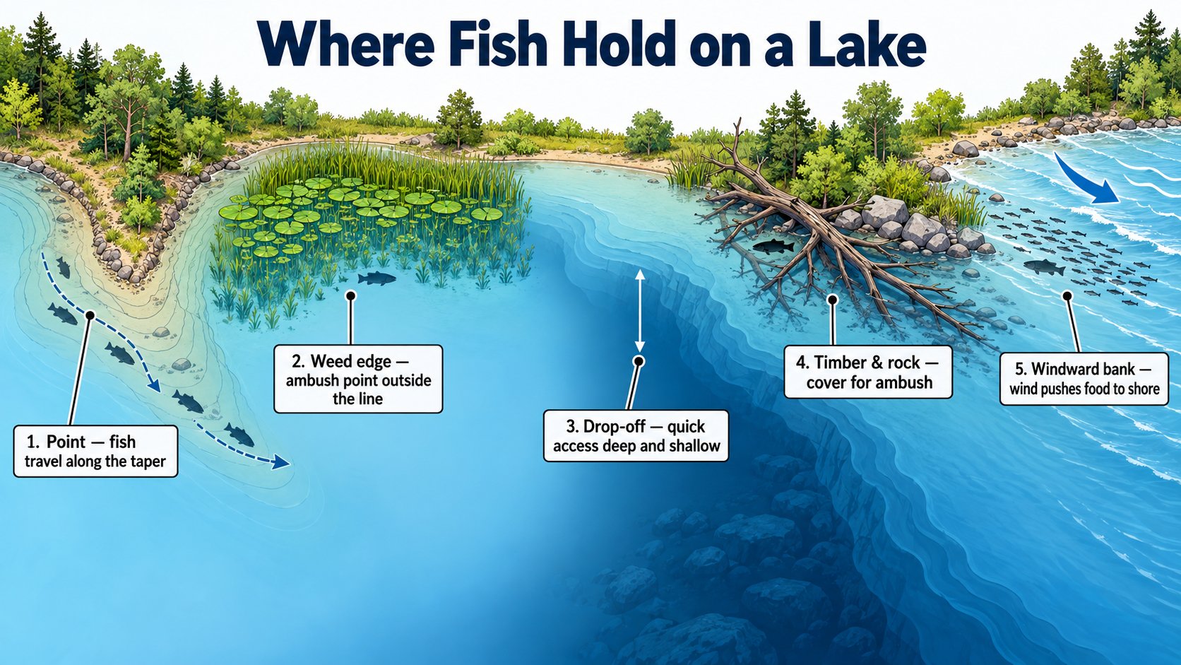 Labeled diagram showing five fish-holding features on a freshwater lake: a point, a weed edge, a drop-off, timber and rock cover, and a windward bank with current
