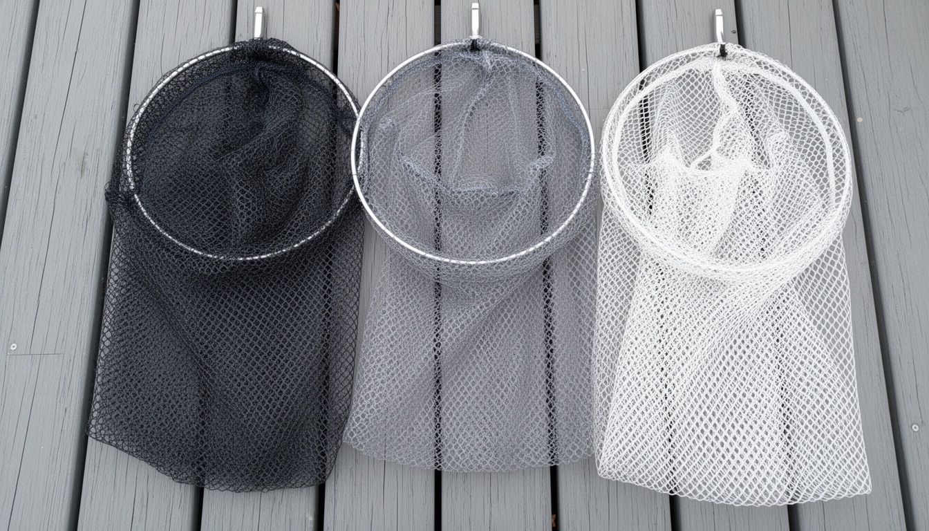 Three landing net mesh types — rubber, coated nylon, and traditional nylon — laid side by side