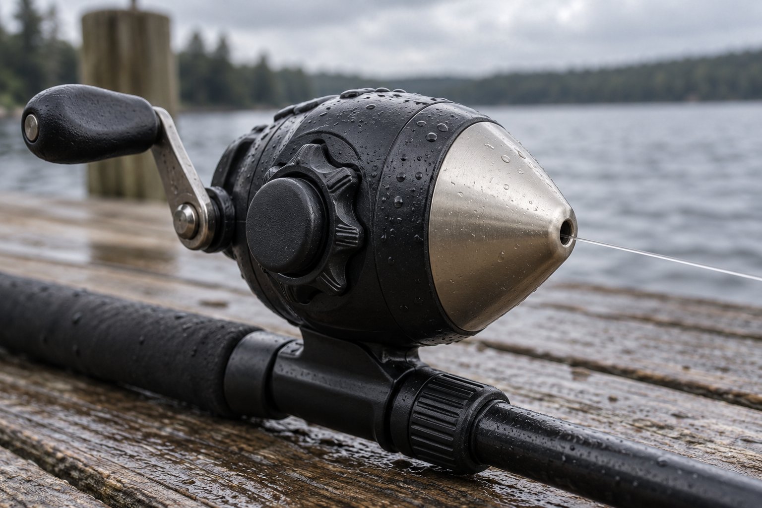 Close-up of a spincast fishing reel mounted on a rod, showing the closed nose cone, push button on the back, and freshly spooled line