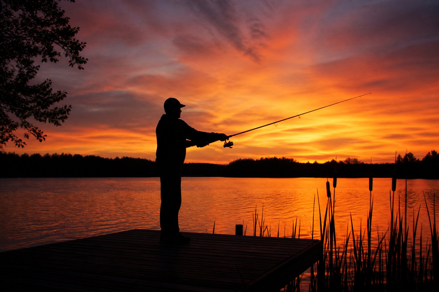 Silhouette of an angler fishing at dusk with golden light on the water