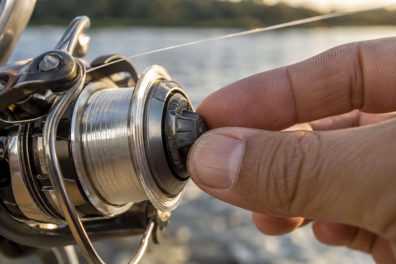 Extreme close-up of a thumb turning a spinning reel drag adjustment knob
