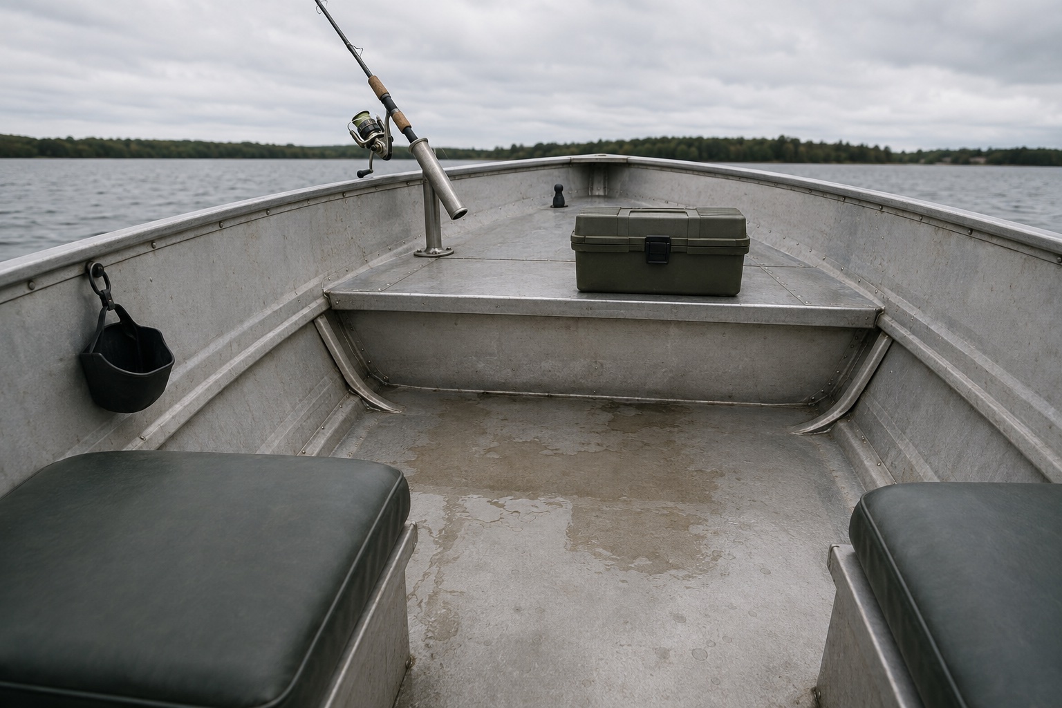 Interior of a small aluminum fishing boat with rod holders, a latched tacklebox, and organized gear