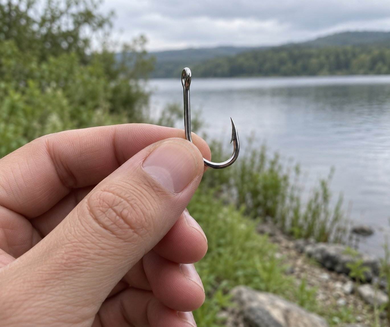 Hand holding a single J-hook for inspection