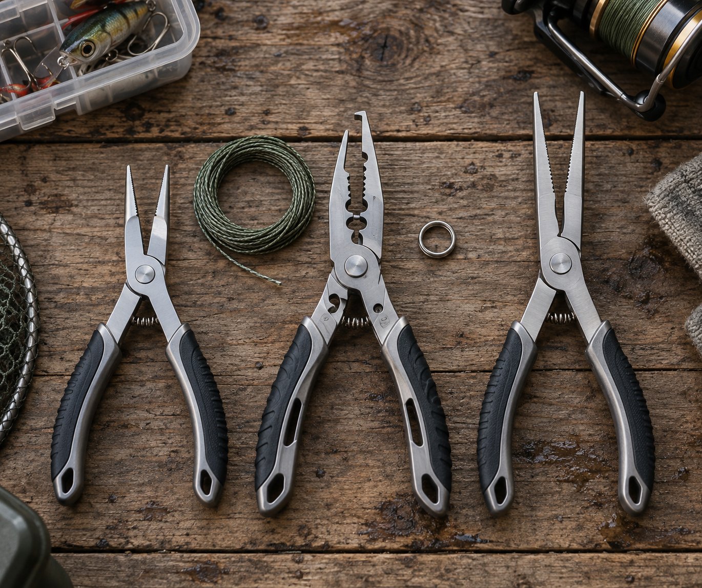 Flat-lay photograph of three fishing pliers styles - needle-nose, multifunction, and long-nose - arranged on a wooden surface