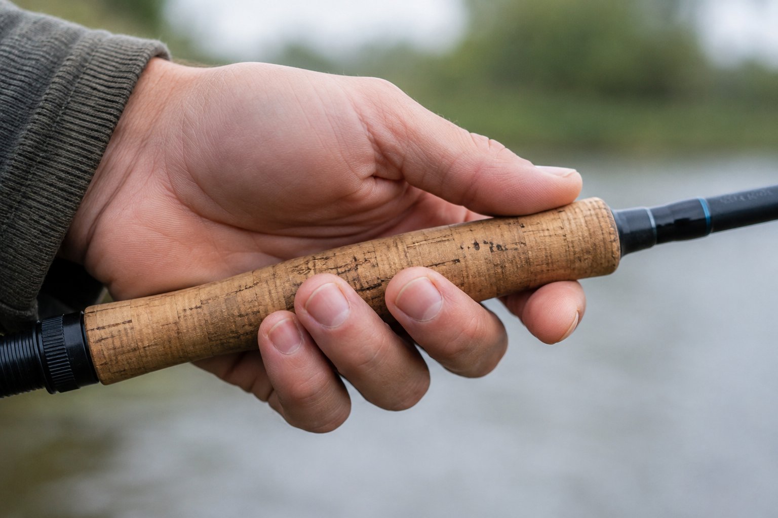Relaxed open-palm grip on a fishing rod handle with no finger tension