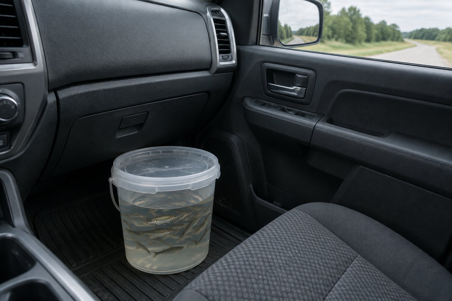 Clear plastic bait bucket with small live minnows in water, sitting in the shaded floor of a car passenger side