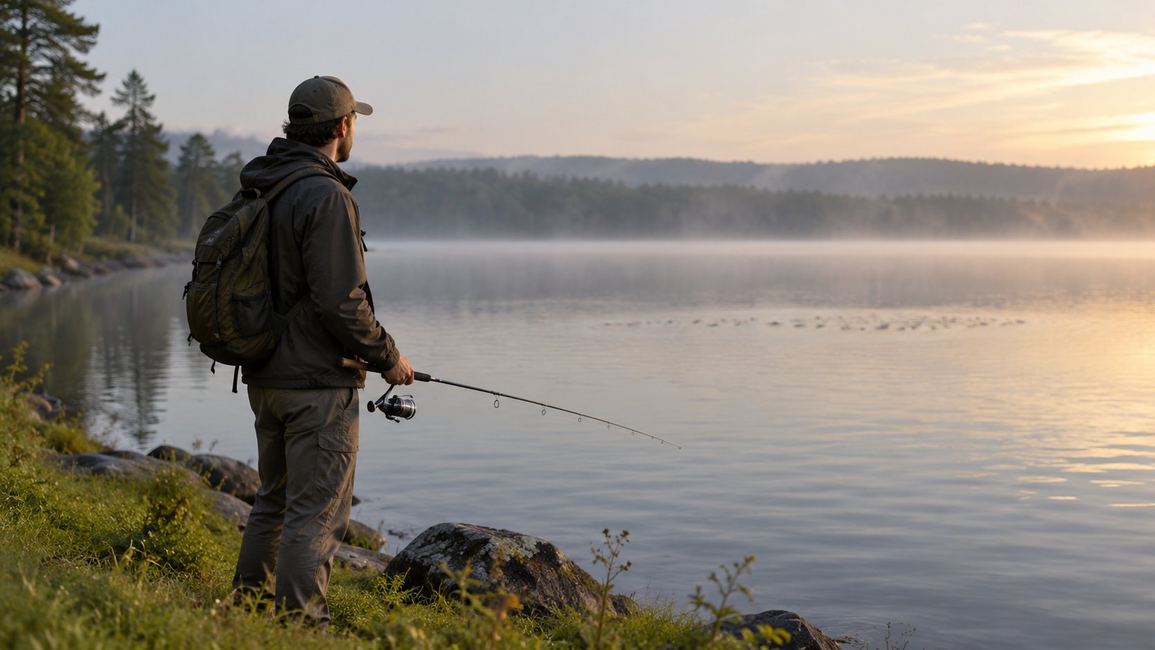 A beginner angler standing on a grassy lakeshore bank at morning light, rod in hand, looking out over the lake surface while scanning for signs of fish