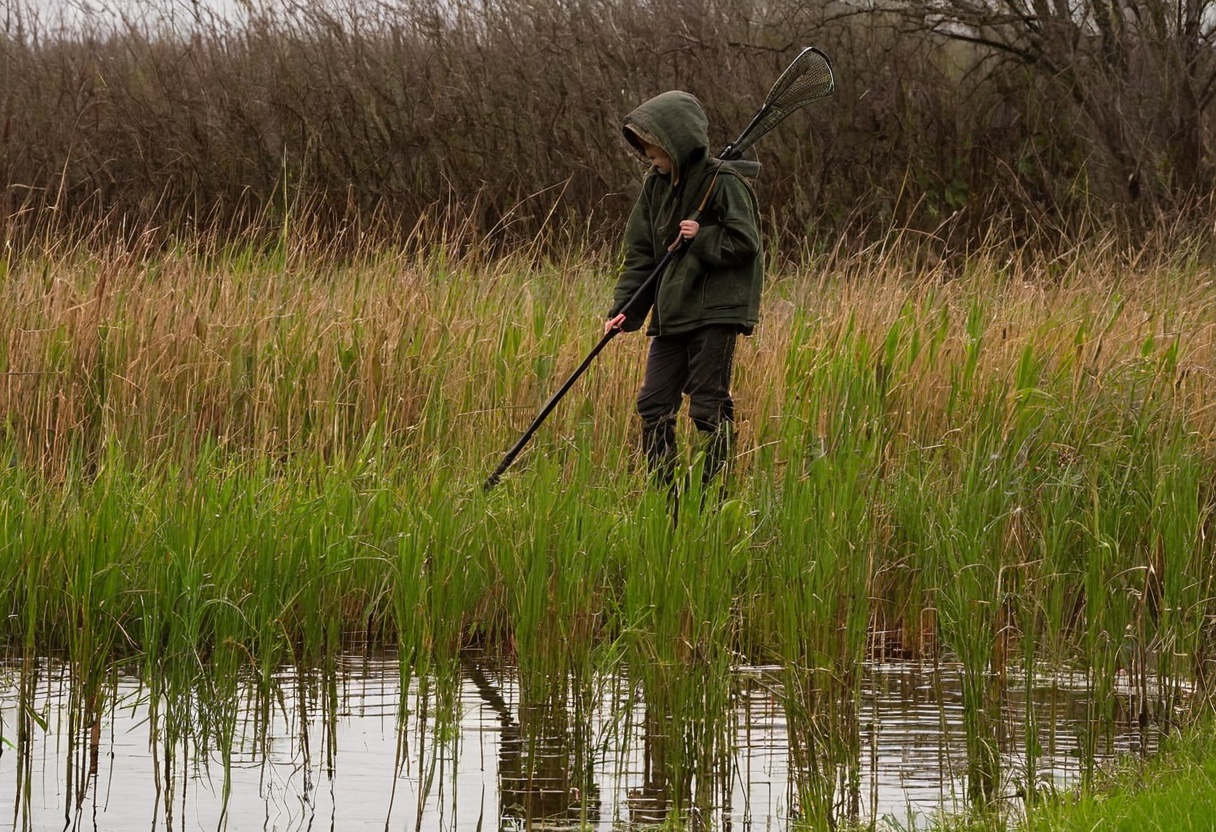 Angler extending a telescopic landing net from a grassy bank to reach the water