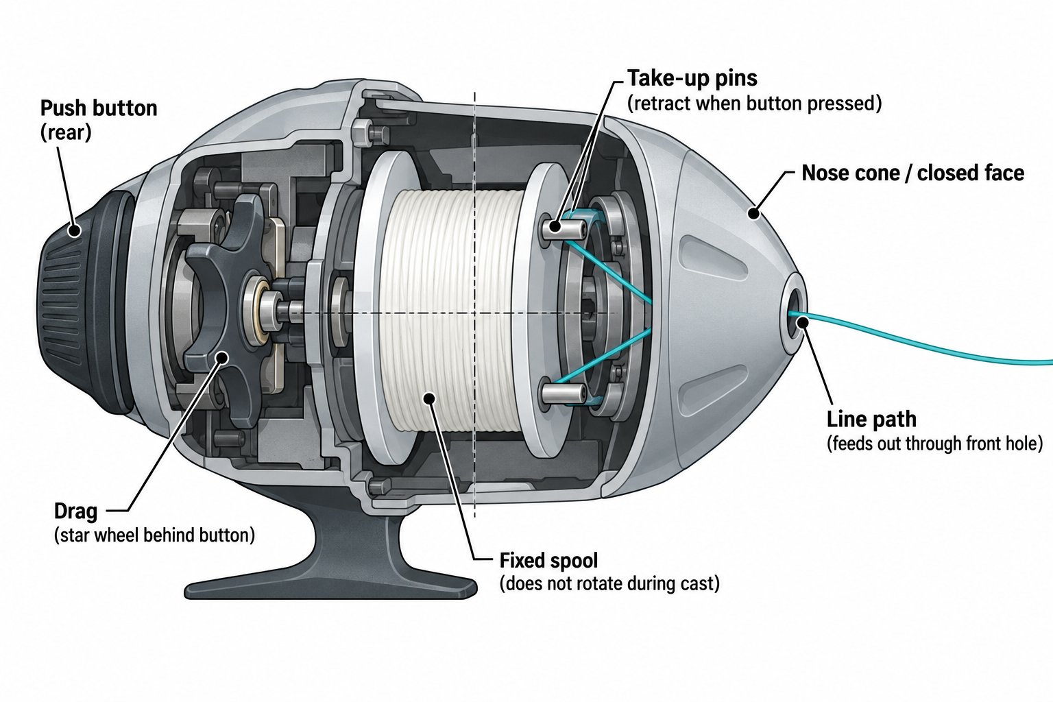 Labeled technical diagram of a spincast reel's internal mechanism showing the fixed spool, take-up pins, line path through the front hole, and the push button on the rear
