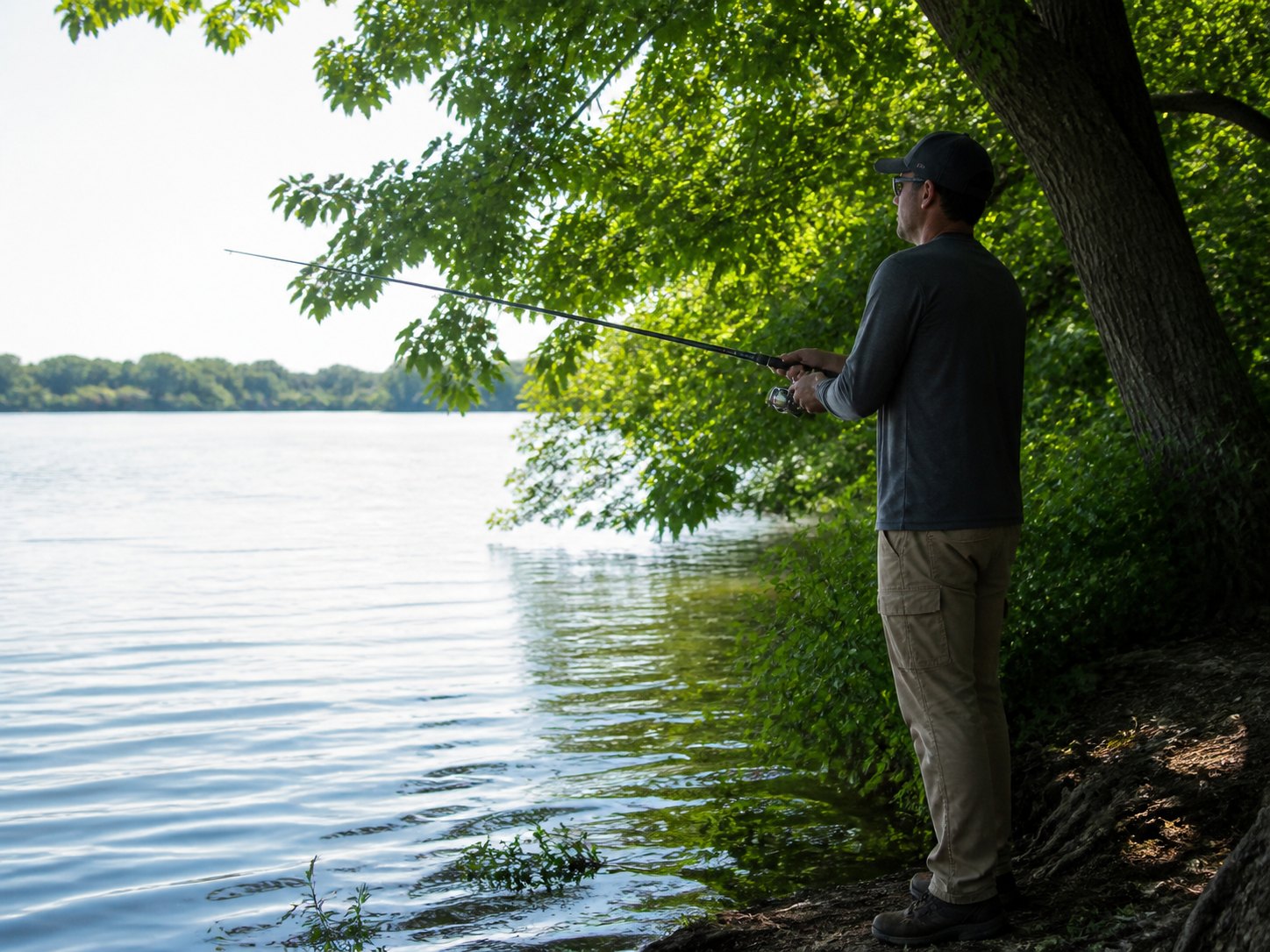 Angler fishing from a bank on a sunny midday day, targeting shade cover