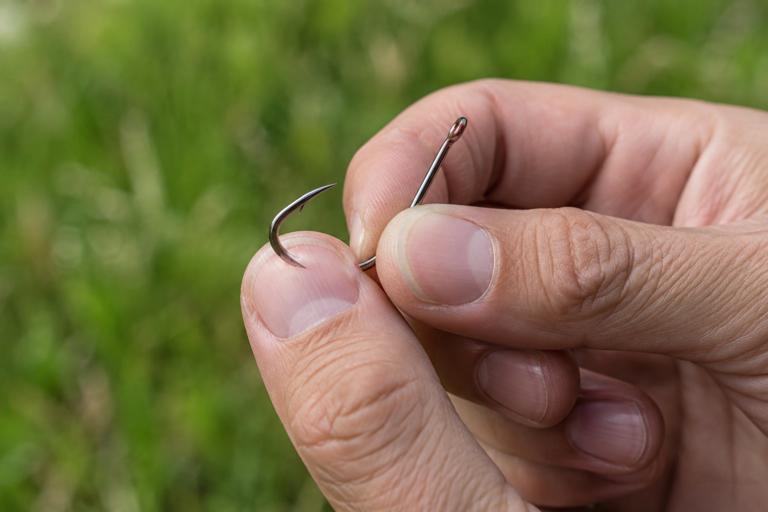 Close-up of a bare fishing hook point being tested against a fingernail