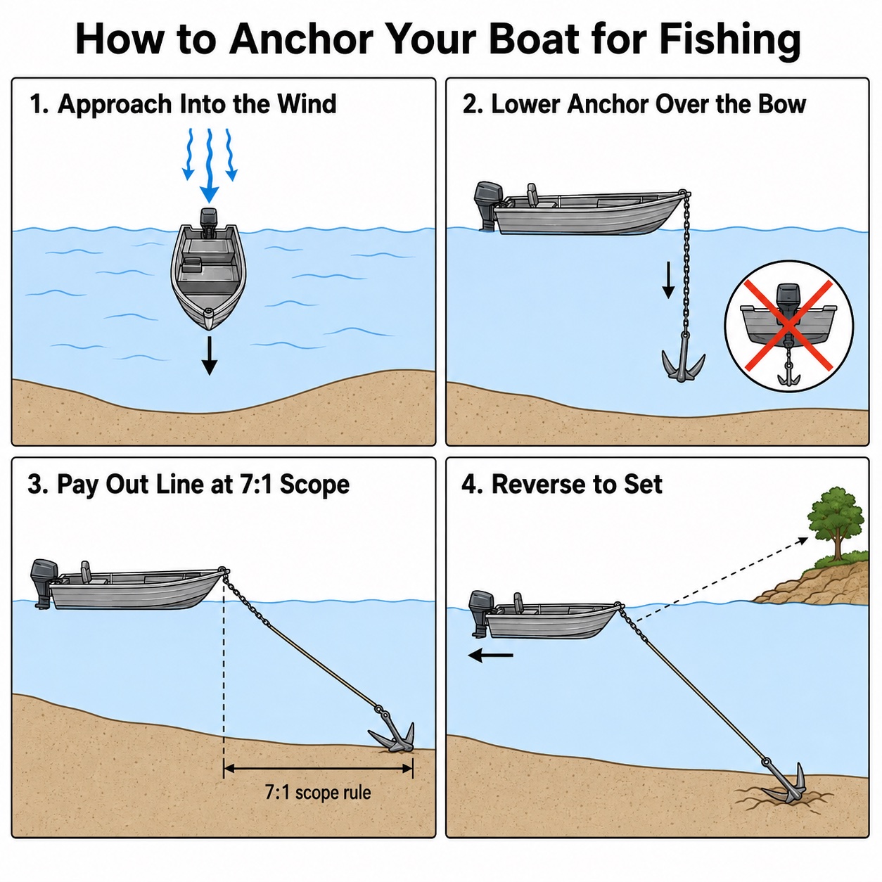 Diagram showing four steps to anchor a small fishing boat: approach into wind, lower anchor over bow, pay out line at 7:1 scope, reverse to set anchor