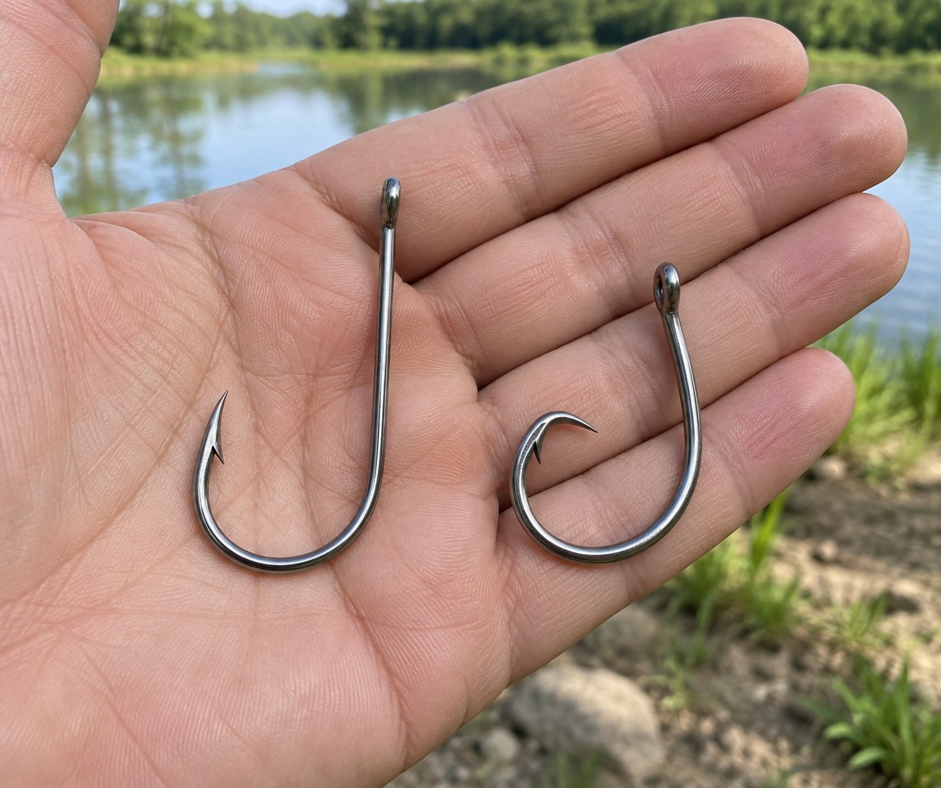 J-hook and circle hook held side by side for comparison