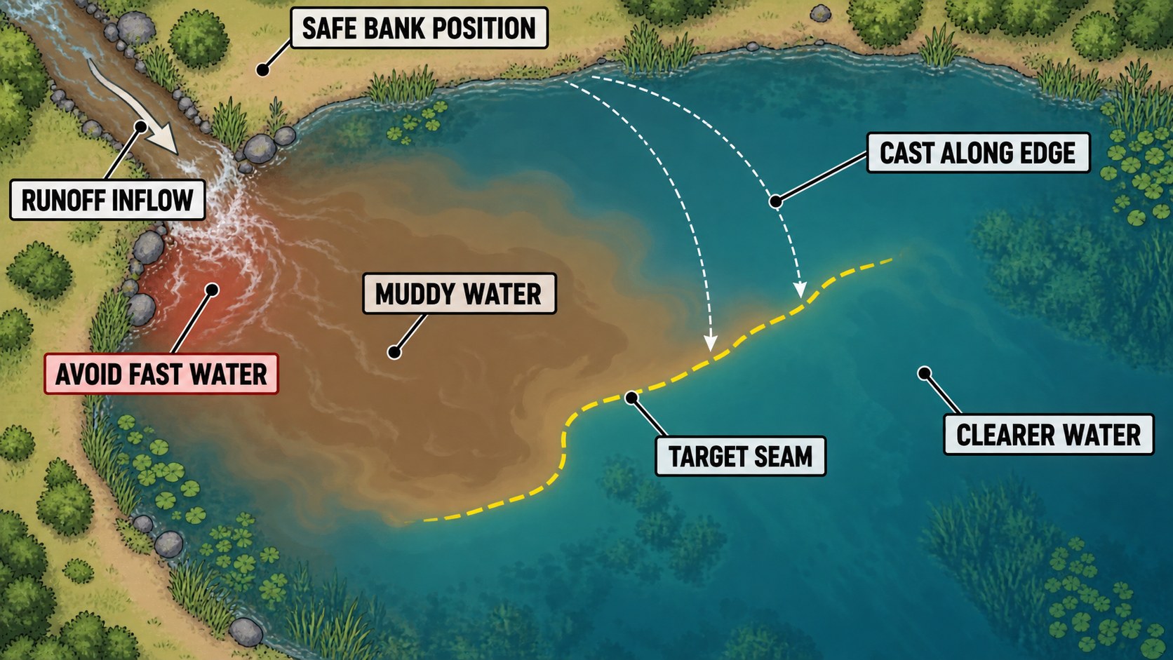 Diagram of rain runoff, muddy water, clearer water, and safe casting seams