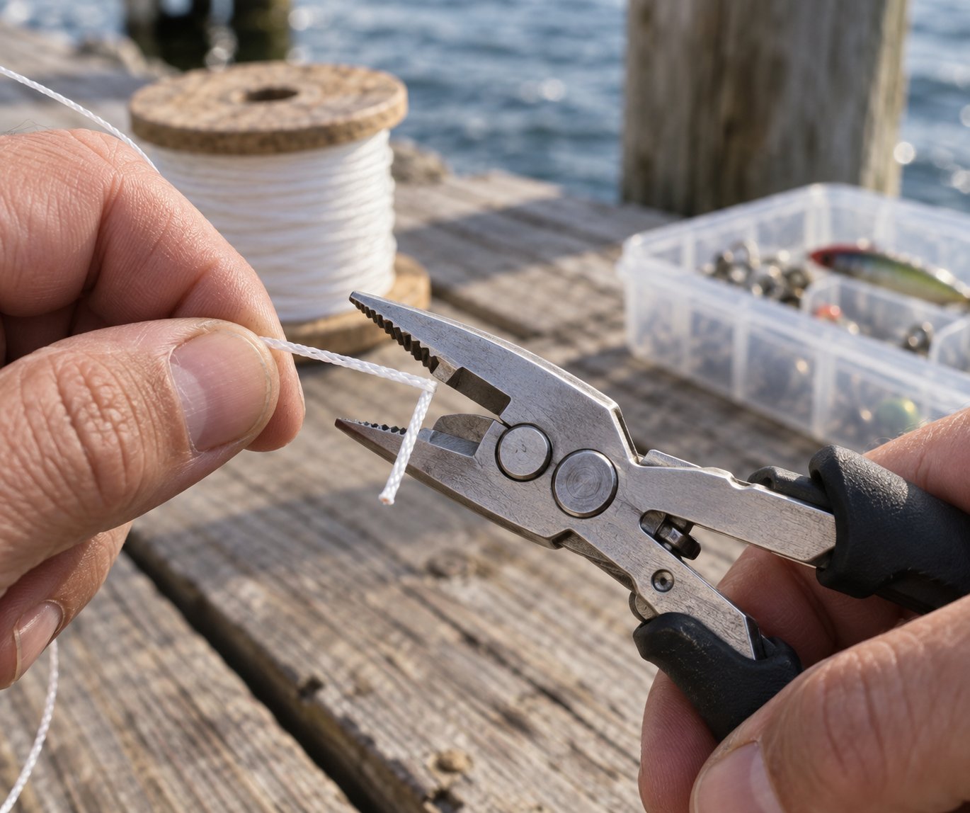 Angler's hand using the side cutters on fishing pliers to snip a length of braided line near a spool