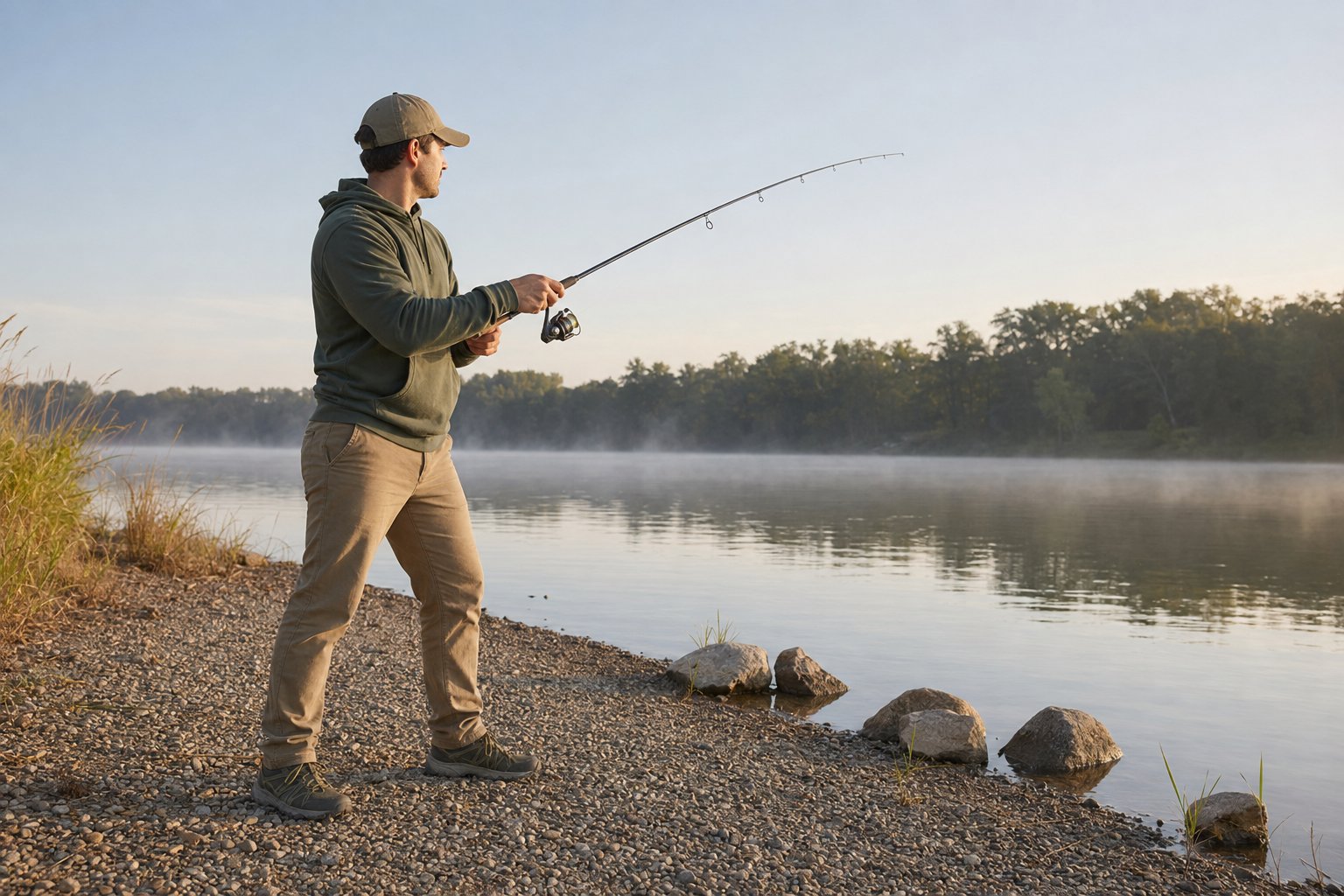Angler standing on a bank with feet shoulder-width apart, body turned toward the water, rod at a casting angle