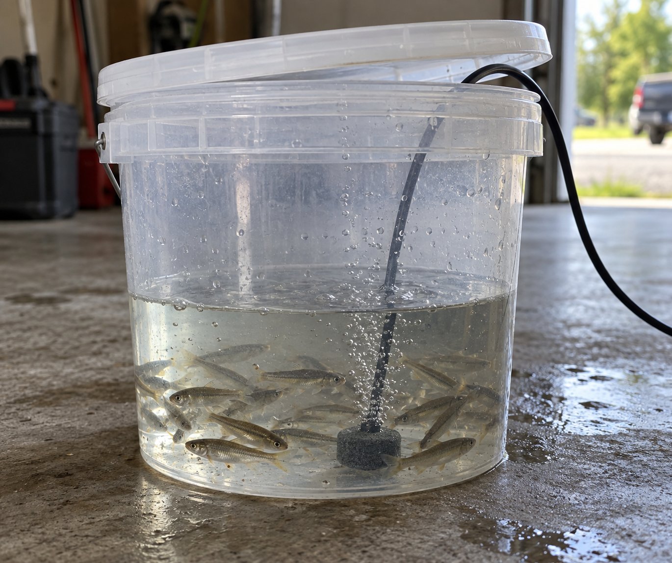 Close-up of a clear bait bucket with an air stone releasing small bubbles into water with live minnows, lid slightly cracked