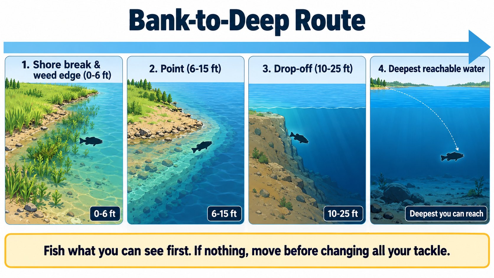Step-by-step diagram showing the bank-to-deep fishing route in four zones from the shore outward: shore break and weed edge, point, drop-off, and deepest reachable water
