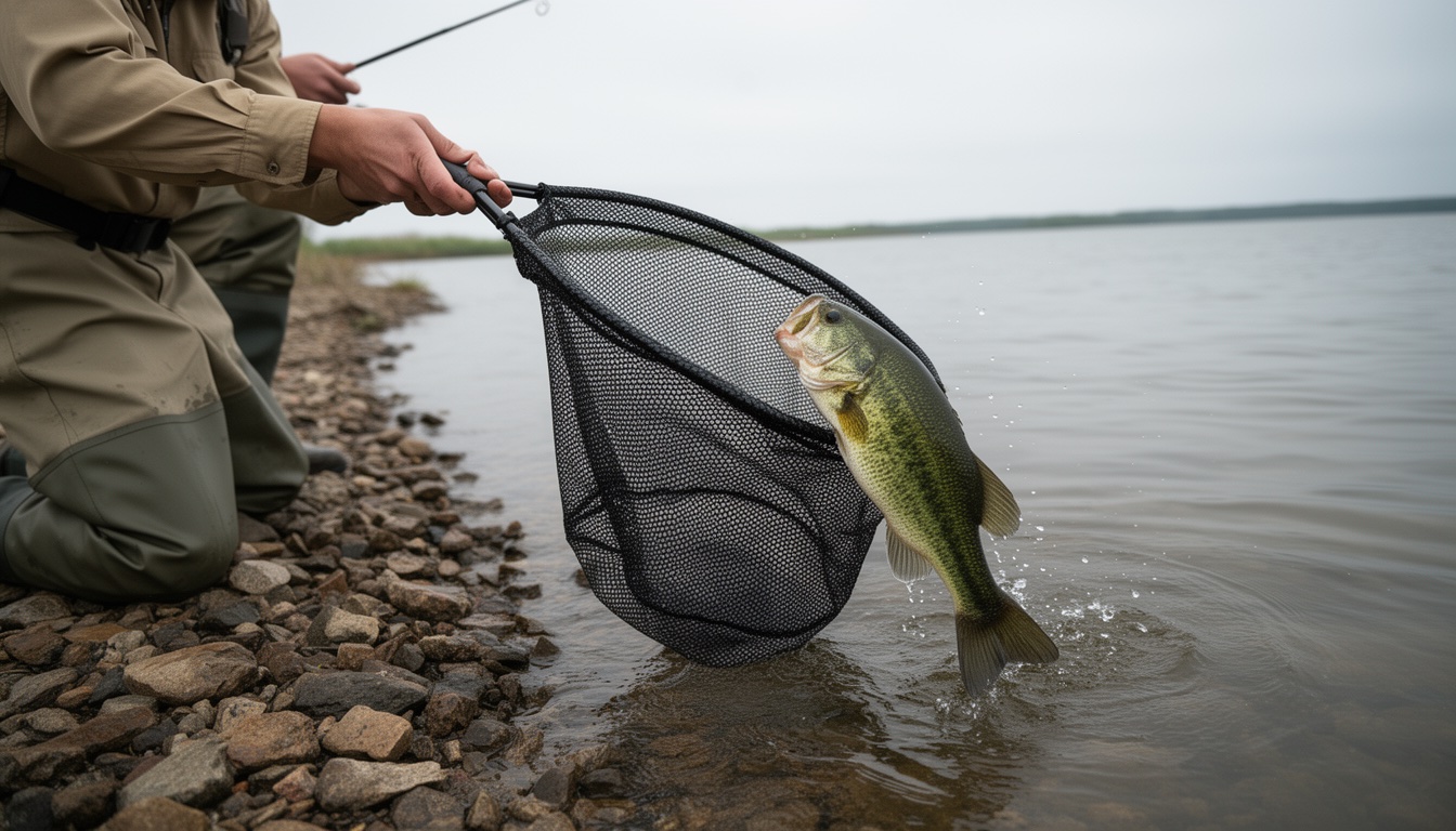 Angler scooping a largemouth bass head-first into a rubber landing net at the bank