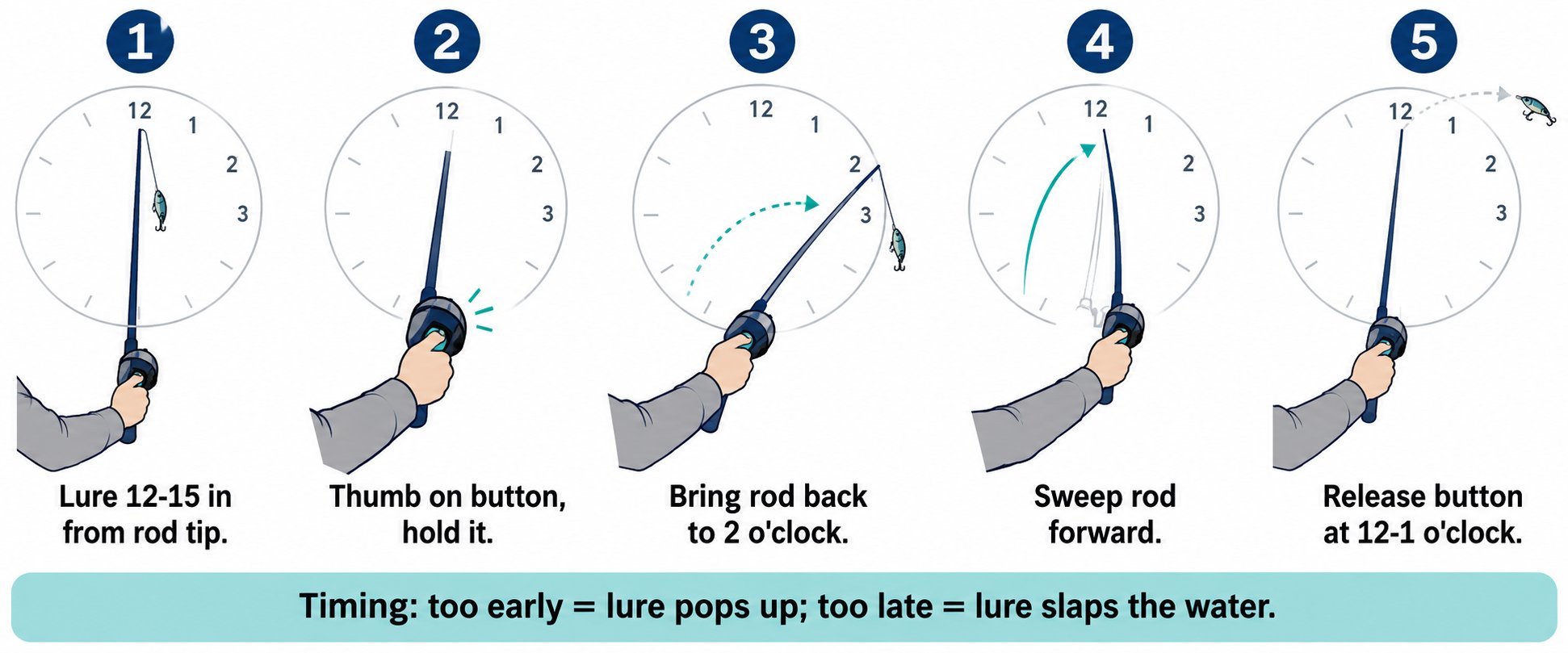 Step-by-step diagram showing the five stages of casting a spincast reel: lure 12 to 15 inches from the rod tip, thumb on the button, rod brought back to 2 o'clock, rod swept forward, and button released at 12 to 1 o'clock