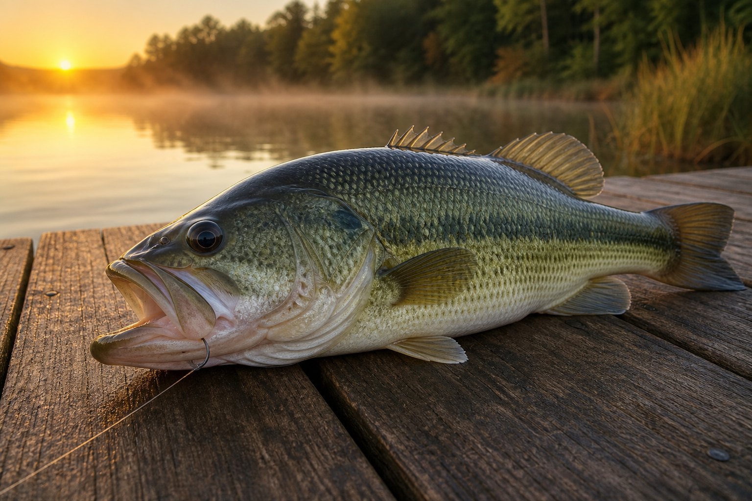 Largemouth bass caught on a fishing line at a wooden dock