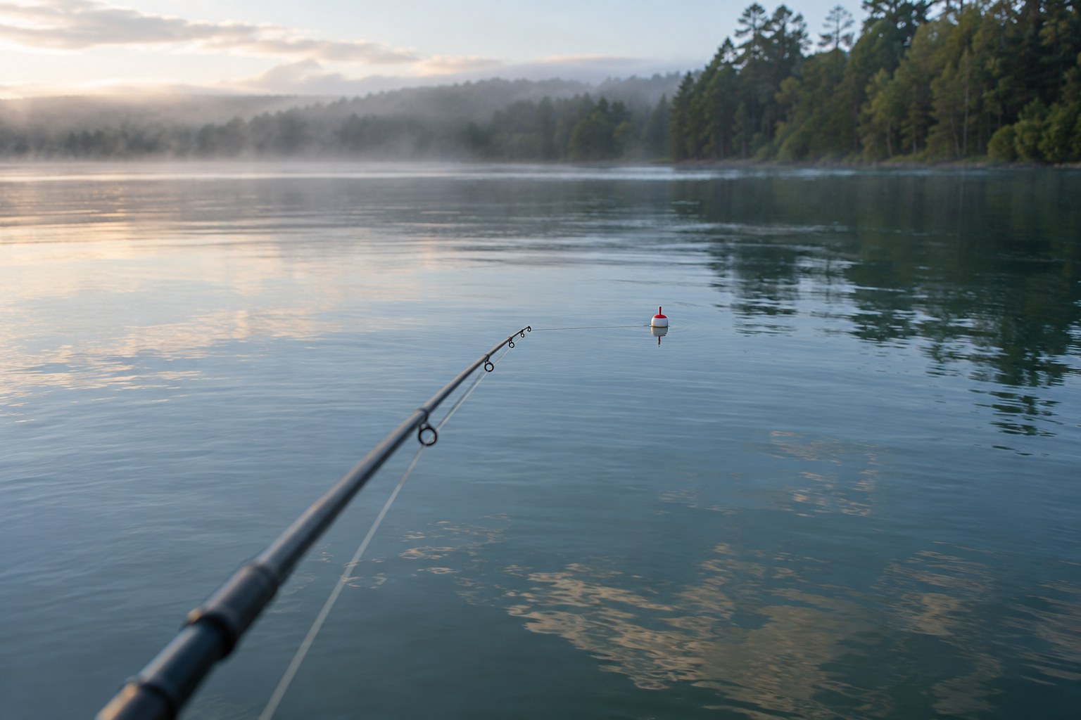 A fishing rod tip over water with a bobber riding a taut line