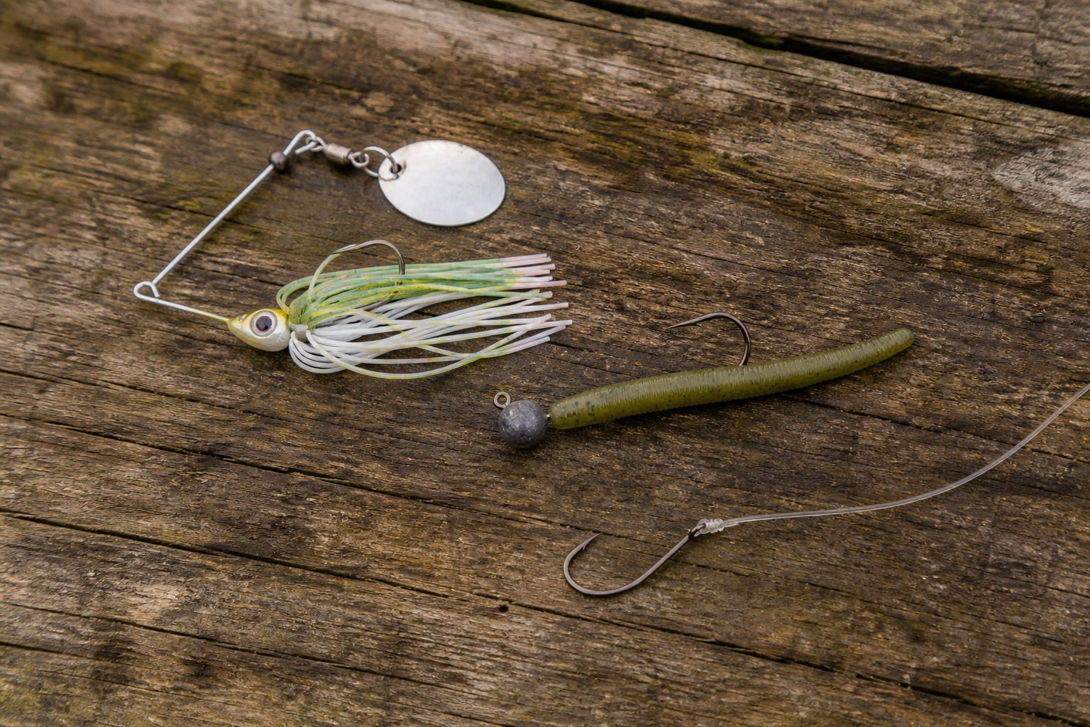 Three fishing lures with knots tied showing which knot to use for each