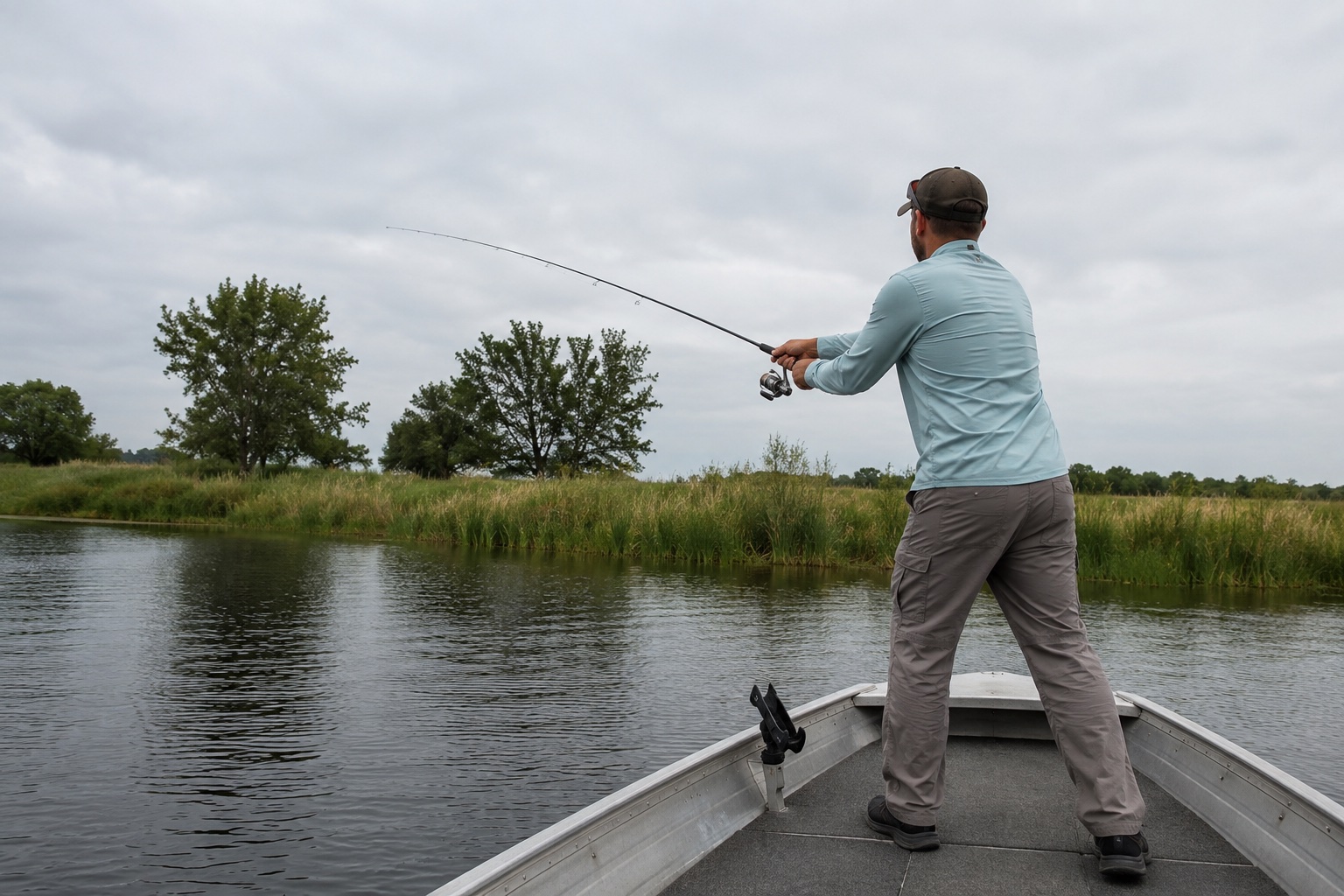 Angler in a small aluminum boat making a controlled short cast toward shore with proper stance