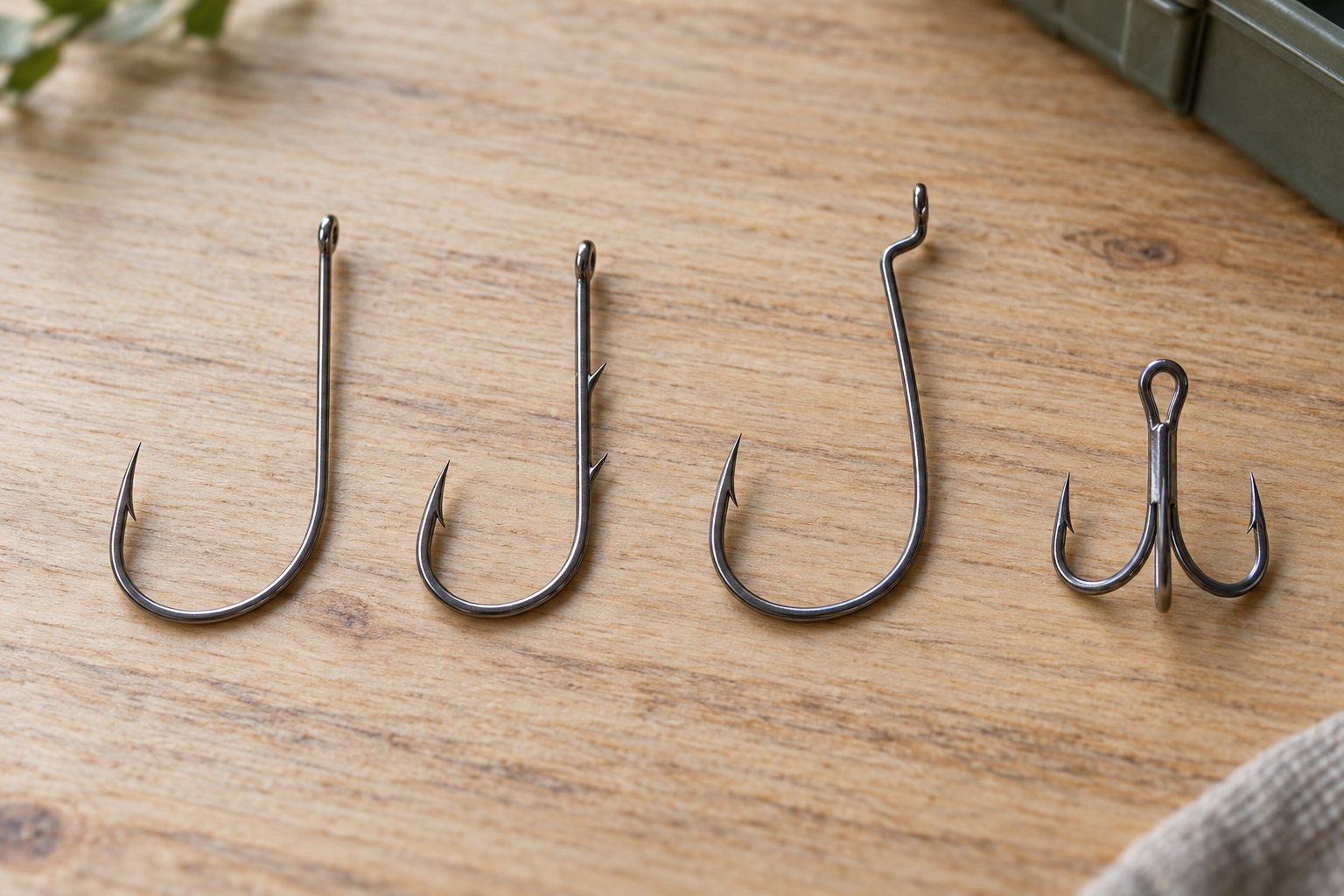 Four common fishing hook types arranged on a wooden surface
