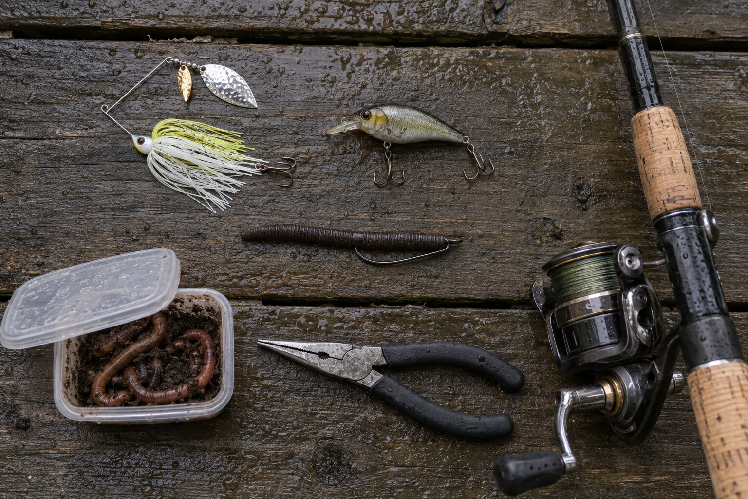 Simple rainy-day fishing lures and bait laid out on a wet surface