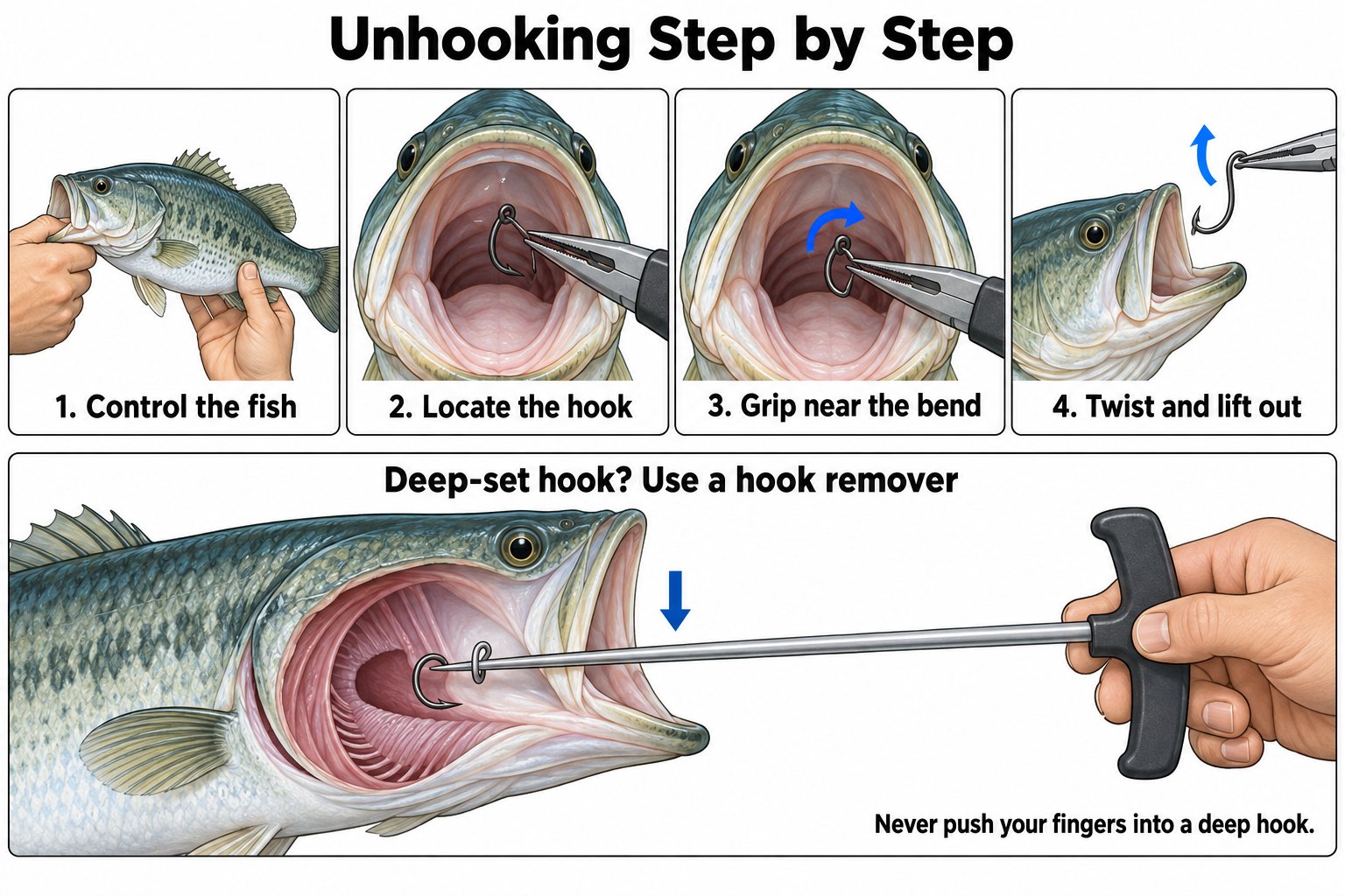 Step-by-step diagram showing four stages of unhooking a fish with pliers, plus an inset for a deep-set hook using a hook remover tool