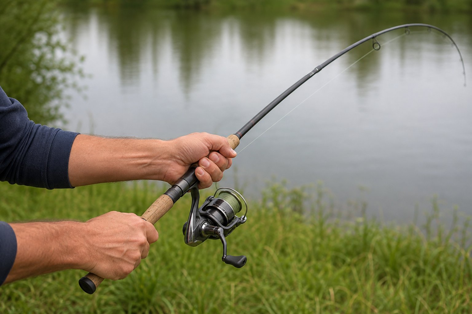 Two-handed rod hold with the rod angled at forty-five degrees, one hand on the reel seat and one on the rod butt
