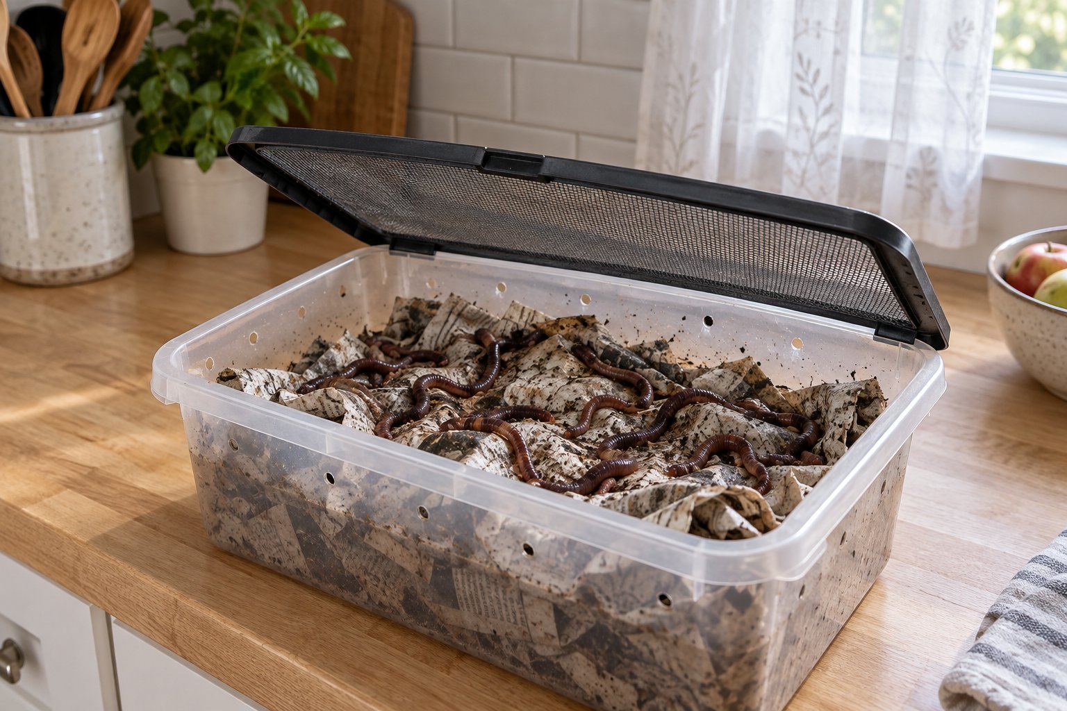 Ventilated plastic worm box with mesh lid half-open showing damp newspaper and nightcrawlers inside, on a kitchen counter