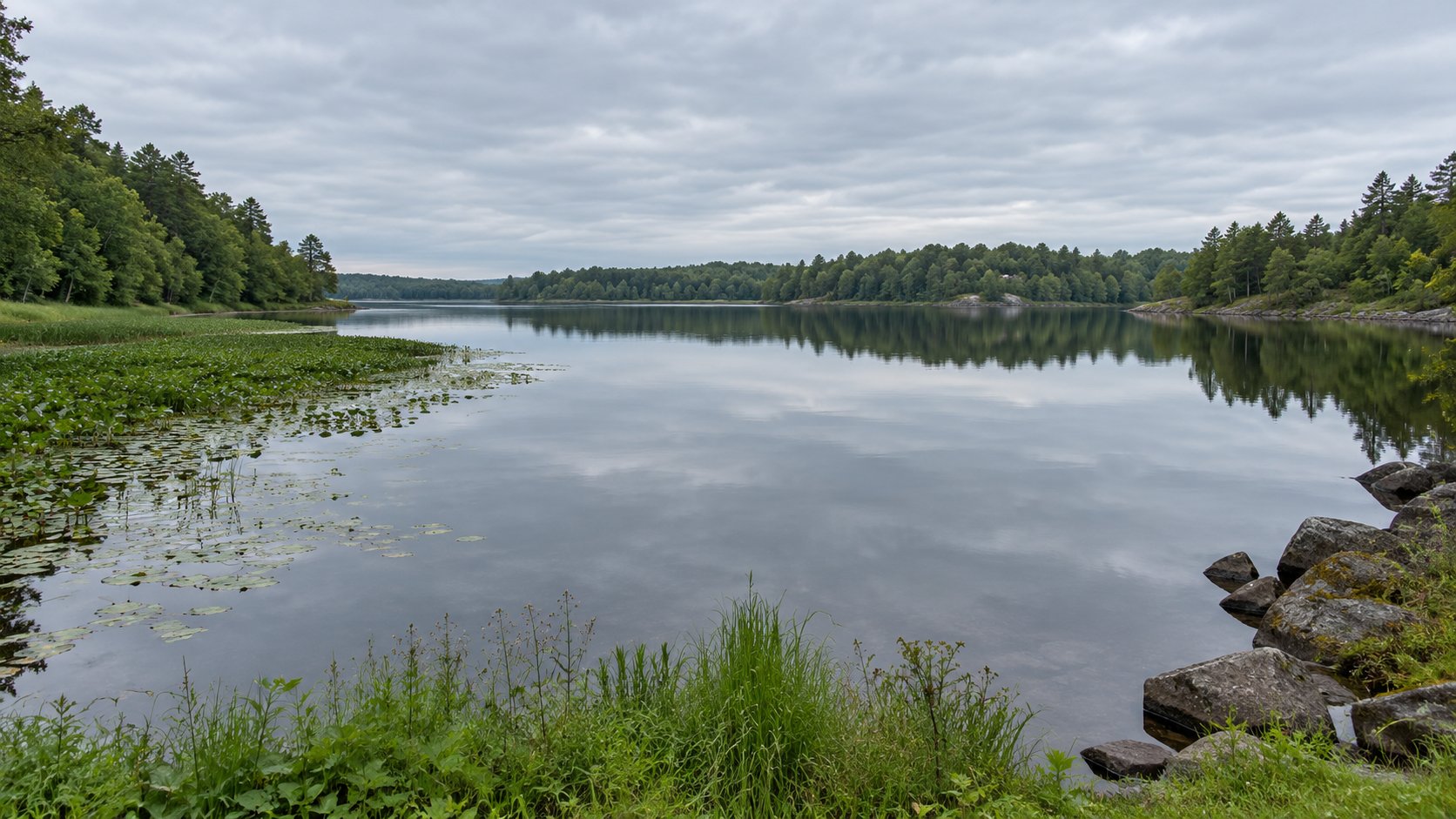 A wide view of a calm freshwater lake under an overcast sky, with visible shoreline features including a weed edge and a rocky bank, suggesting how different light conditions change where fish hold