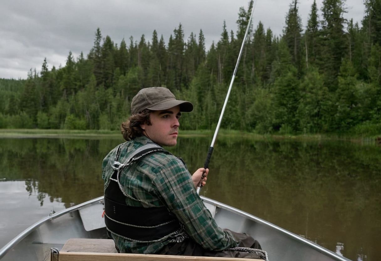 Angler seated in a small aluminum boat, netting a fish from the gunwale