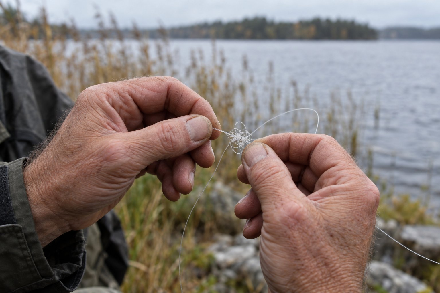Close-up of an angler's hands working out a tangled knot of fishing line at a lake bank
