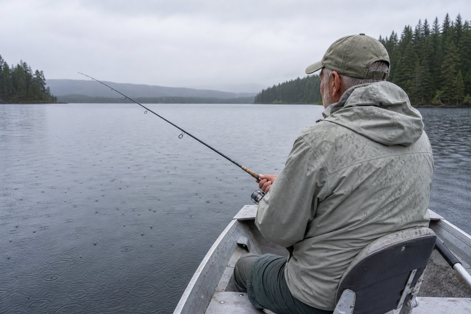 Angler fishing in light rain on an overcast day