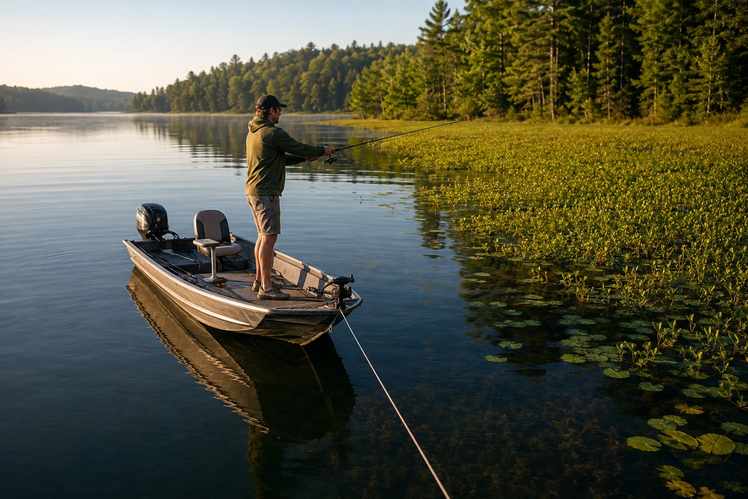 Small boat anchored near a weed line, angler casting toward the edge of the vegetation