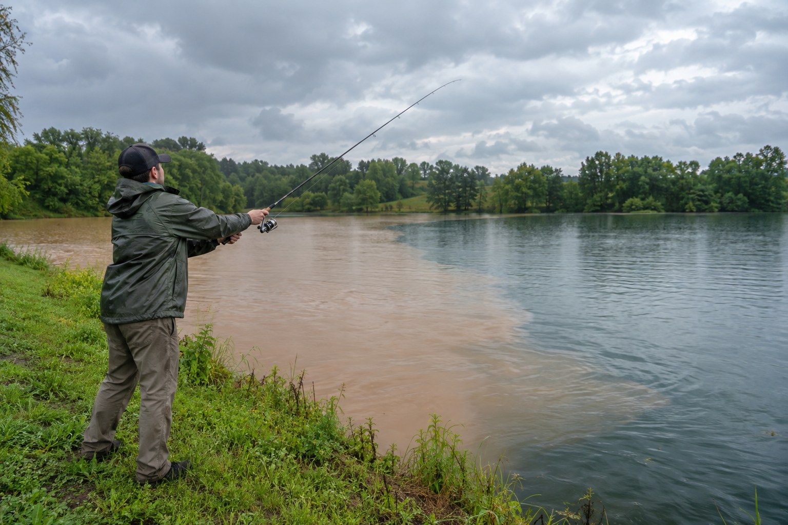 Angler casting after rain toward the edge of stained and clearer water