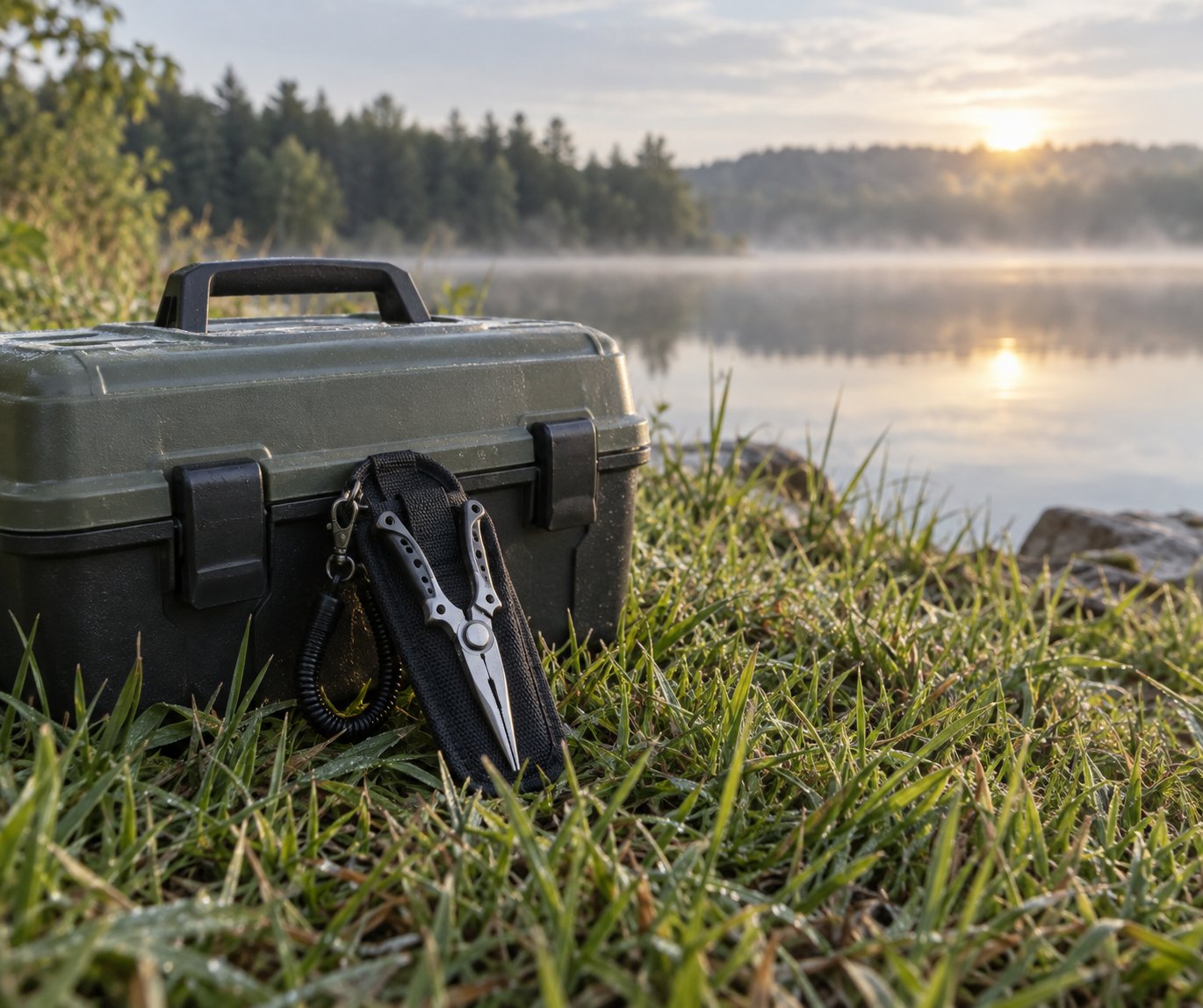 Compact fishing pliers in a small belt sheath resting on a grassy bank beside a closed tackle box in morning light