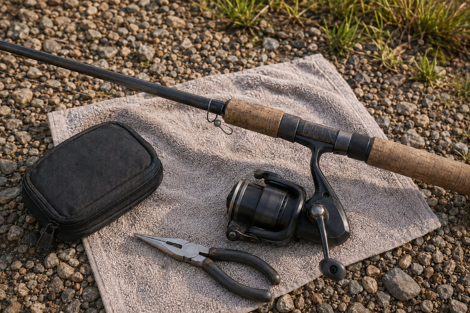 A spinning rod laid on a towel on a bank with the hook keeper securing the line