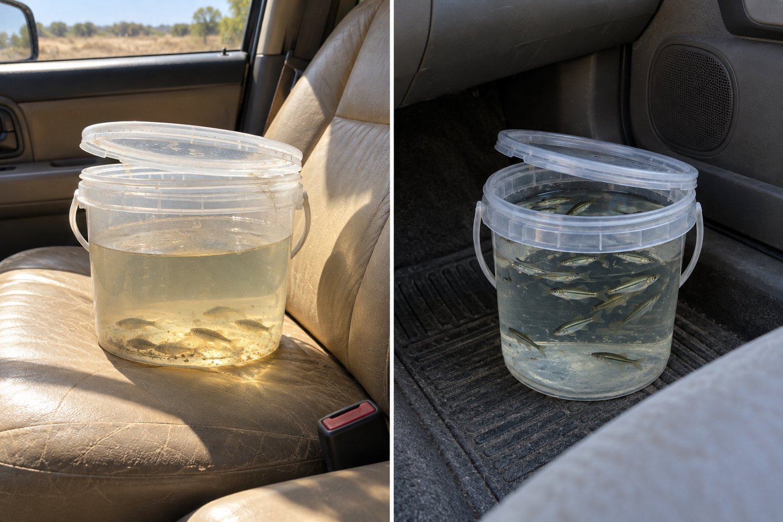 Side-by-side comparison of a bait bucket in direct sunlight on a hot car seat versus the same bucket in the shaded car floor