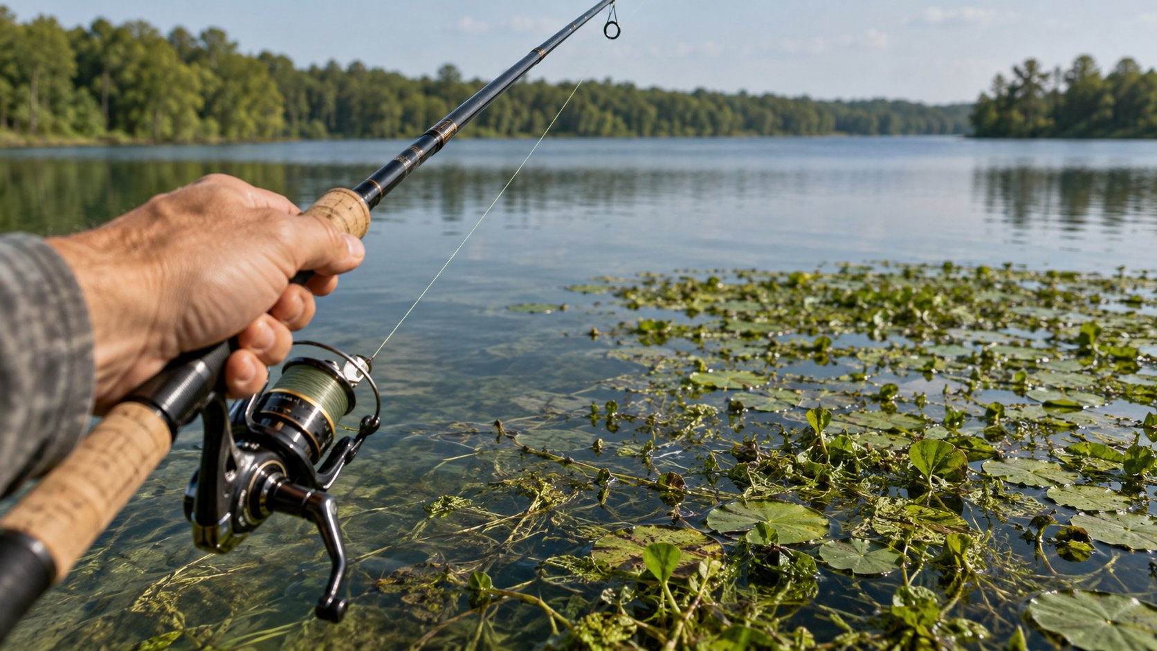 Close-up of an angler's hand releasing a cast, with a visible line of green aquatic weeds in the background where the lure is headed