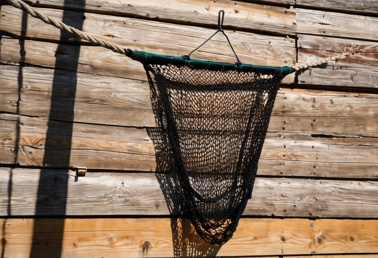 Landing net hanging on a hook by a lake cabin, drying in the sun