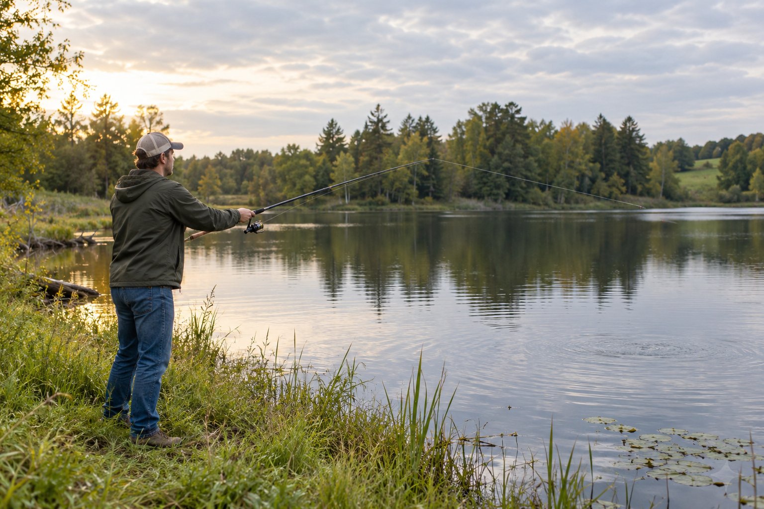 Beginner angler mid-cast with a spincast rod over a calm pond, rod swept forward, line extending toward the water