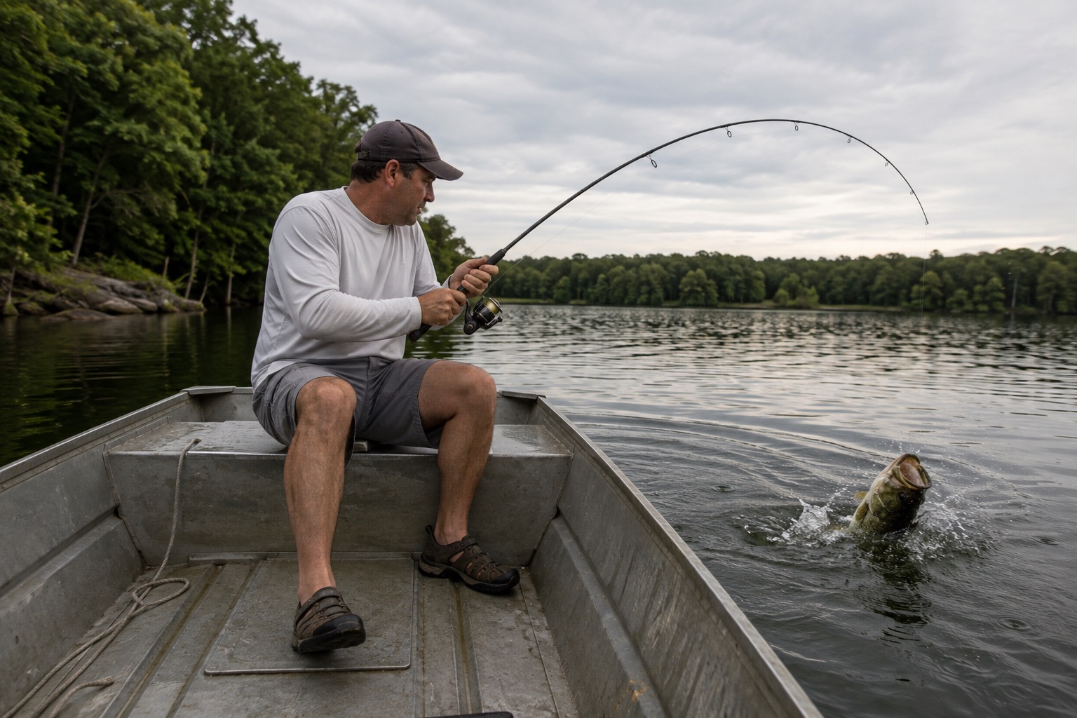 Angler seated low in a small boat, rod bent with a fish on the line, fish visible in the water in front of the boat