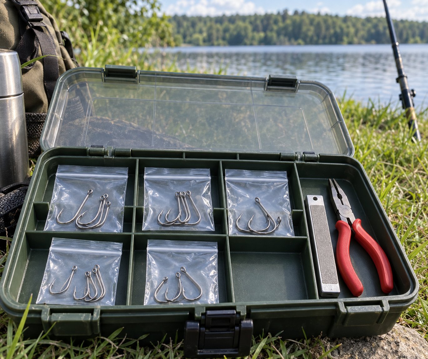 A beginner hook starter kit arranged in a tackle box tray